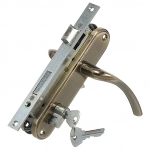 Замок врезной цилиндровый с защёлкой в комплекте с ручкой ЗВ4-70.27 (ант.бронза), 4 кл.